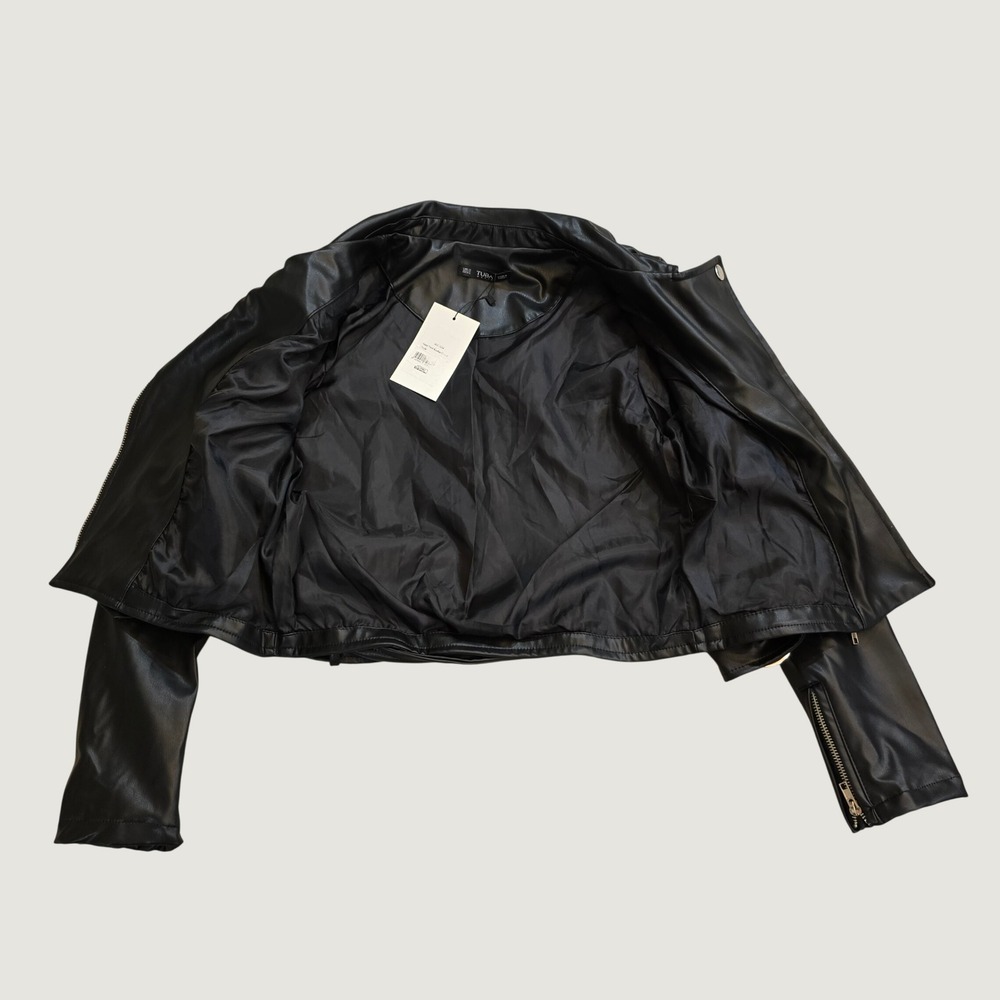Tuba Butik Womens Black Faux Leather Cropped Moto Biker Jacket Belted Size Large - Picture 6 of 10